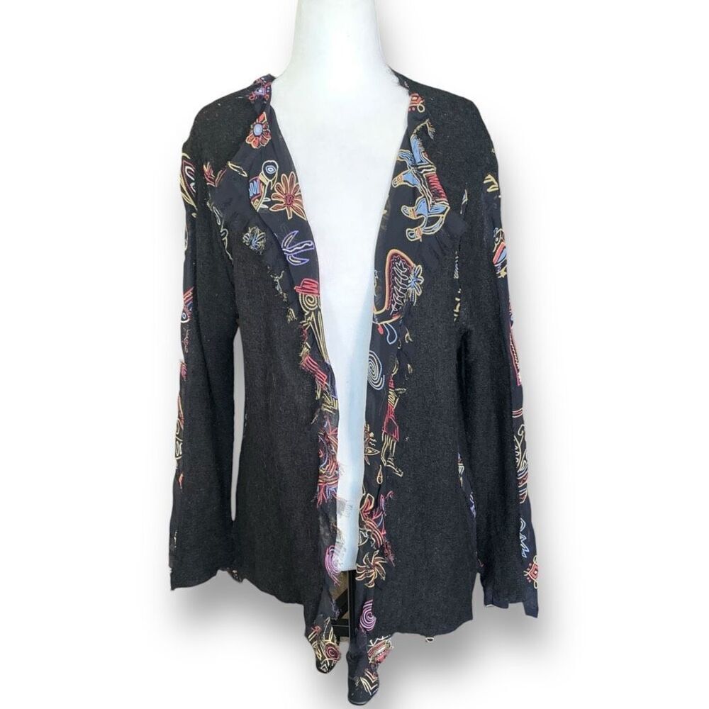 Chico’s Knit Cardigan Sweater Black Burgundy‎ Pattern Abstract Animal Print Silk